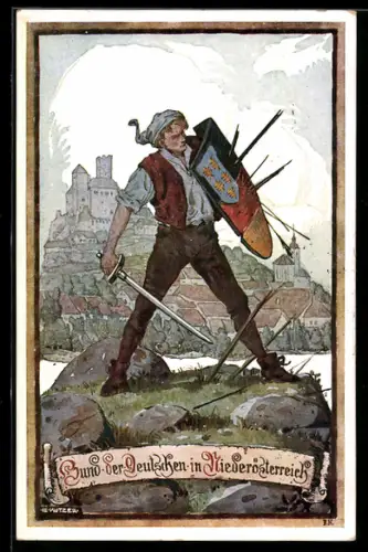 Künstler-AK Ernst Kutzer: Mann mit Schwert und Pfeilspitzen in seinem Schild, Burg