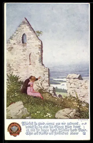 Künstler-AK Ernst Kutzer: Ein Pärchen an der Ruine auf dem Berg