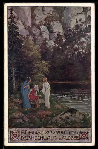 Künstler-AK Ernst Kutzer: Adalbert Stifter, Nr.1905, Hochwald, Partie am Waldsee mit Frauen und Mann