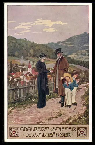 Künstler-AK Ernst Kutzer: Adalbert Stifter, Der Waldgänger, alter Mann spricht Witwe sein Beileid aus, Jungen essen Äpfe