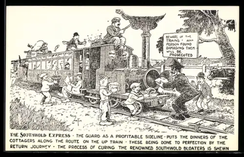 Künstler-AK Reg Carter: The Southwold Express, Schaffner backt in der Eisenbahn Kuchen