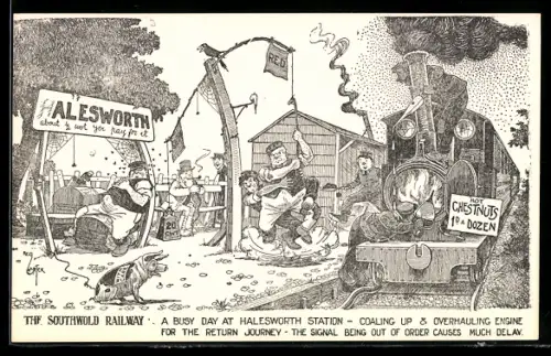 Künstler-AK Reg Carter: The Southwold Railway, Kaputtes Schild am Bahnhof
