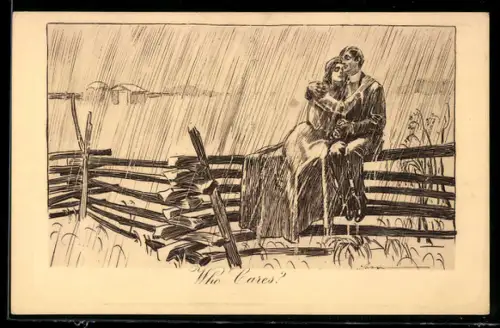 Künstler-AK Charles Dana Gibson: Paar sitzt im Regen auf einem Zaun