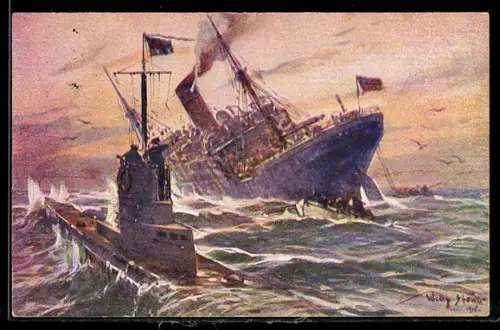 Künstler-AK Willy Stoewer: U-Boot vernichtet einen englischen Handelsdampfer