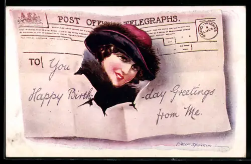 Künstler-AK Fred Spurgin: Frauenporträt gerahmt von zerrissener Postkarte