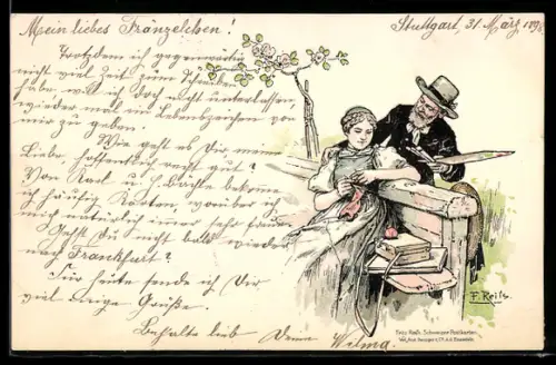 Künstler-AK Fritz Reiss: Künstler spricht eine strickende Dame an