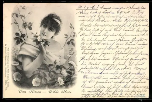 Künstler-AK Arno von Riesen: Wilde Rose, Frauenporträt umgeben von Rosenzweigen