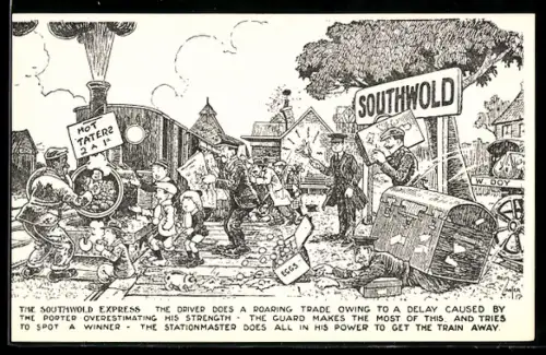 Künstler-AK Reg Carter: The Southwold Express, Zugverspätung in Southwold