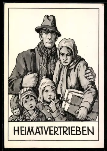 Künstler-AK Ernst Kutzer: Heimatvertrieben, Familie auf der Flucht
