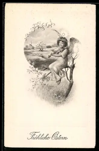Künstler-AK Kränzle: Kleiner Engel spielt Geige in einem Baum