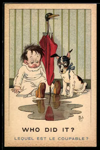 Künstler-AK Jean-Marie Michel Liebeaux: Hundewelpe und Baby schauen verwundert auf Pfütze, What did it?