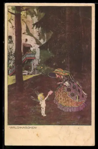 Künstler-AK Ernst Kutzer: Amor überreicht Hexe mit Hut einen Brief