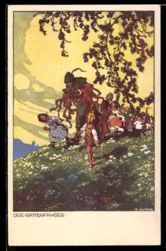 Künstler-AK Ernst Kutzer: Rattenfänger führt Kinder über eine Wiese