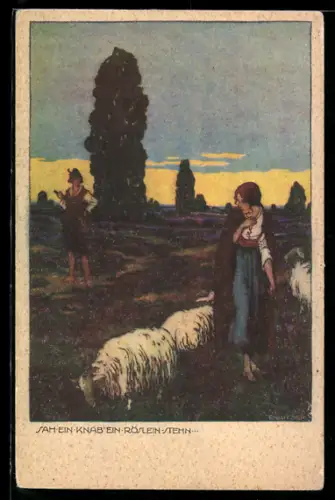 Künstler-AK Ernst Kutzer: Junger Mann sieht junge Hirtin mit Schafen