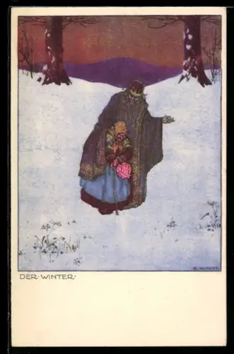 Künstler-AK Ernst Kutzer: Der Winter, Allegorie, König begleitet ein altes Mütterlein