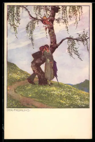 Künstler-AK Ernst Kutzer: Der Frühling, Allegorie, Liebespaar küsst sich unter einem Baum, Engel