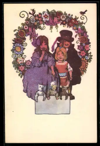 Künstler-AK Ernst Kutzer: Kinder mit Teddys und Puppe vor Kranz
