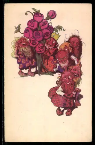 Künstler-AK Ernst Kutzer: Zwerge und blühende Rosen