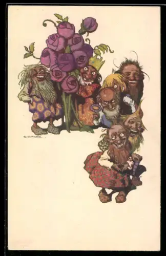 Künstler-AK Ernst Kutzer: Zwerge und blühende Rosen