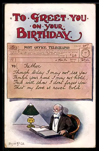 Künstler-AK Donald McGill: Älterer Herr mit einer Geburtstagskarte von seinem Kind
