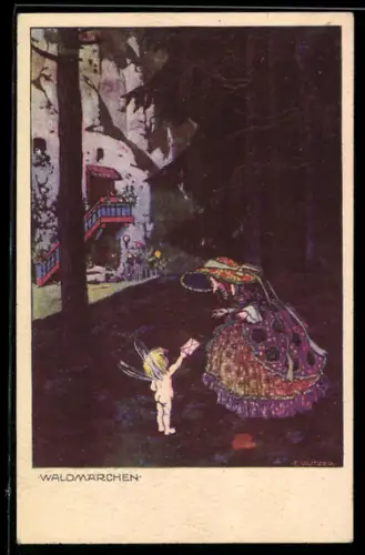 Künstler-AK Ernst Kutzer: Amor überreicht Hexe mit Hut einen Brief