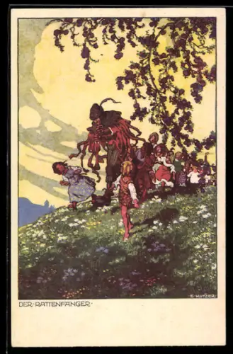 Künstler-AK Ernst Kutzer: Rattenfänger führt Kinder über eine Wiese