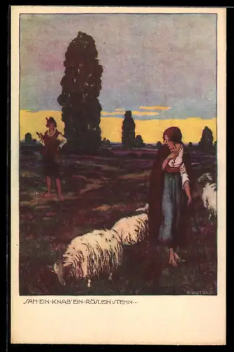 Künstler-AK Ernst Kutzer: Junger Mann sieht junge Hirtin mit Schafen