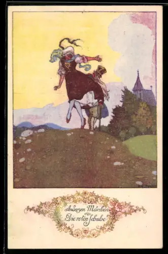 Künstler-AK Ernst Kutzer: Andersen Märchen, Die roten Schube, Springende Frau im Kleid mit altem Mann