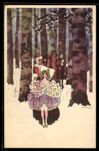 Künstler-AK Ernst Kutzer: Frau im Blumenkleid im verschneiten Wald
