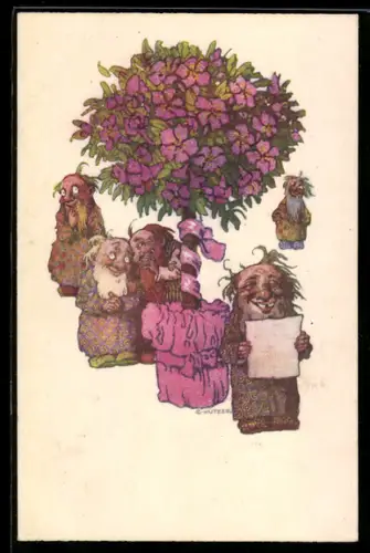 Künstler-AK Ernst Kutzer: Glückwünsche, Zwerge mit Bäumchen