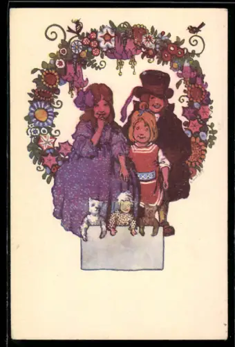 Künstler-AK Ernst Kutzer: Kinder mit Teddys und Puppe vor Kranz