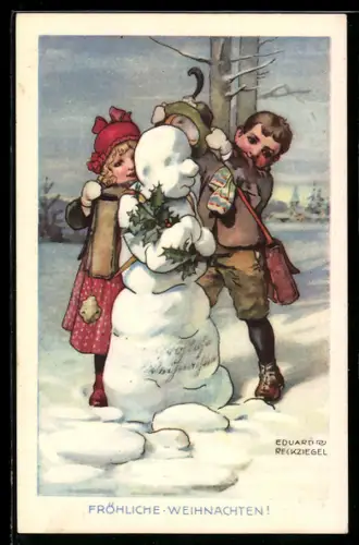 Künstler-AK Eduard Reckziegel: Kinder bauen einen Schneemann