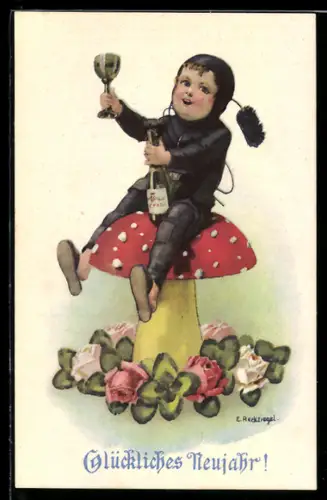 Künstler-AK Eduard Reckziegel: Kleiner Schornsteinfeger auf einem Fliegenpilz