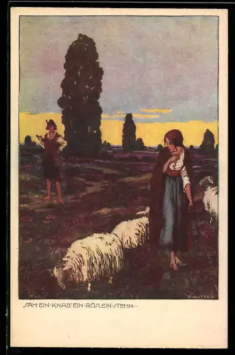 Künstler-AK Ernst Kutzer: Junger Mann sieht junge Hirtin mit Schafen