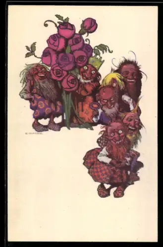 Künstler-AK Ernst Kutzer: Zwerge und blühende Rosen