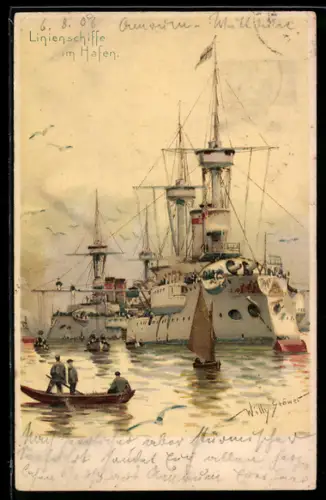 Künstler-AK Stoewer: Kriegsschiffe im Hafen