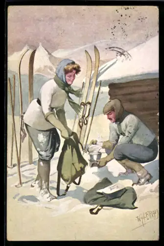 Künstler-AK W. Braun: Skifahrendes Paar macht Rast