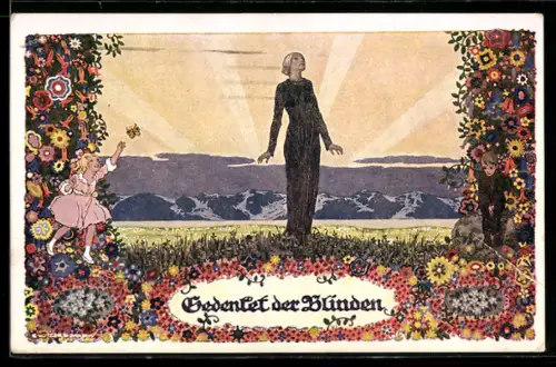 Künstler-AK Ernst Kutzer: Gedenket den Blinden, Frau auf Wiese stehend mit Sonnenstrahlen, bunte Blumen und Kinder