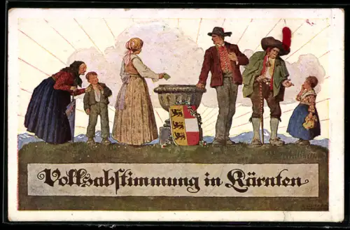 Künstler-AK Ernst Kutzer: Volksabstimmung in Kärnten 1920, das Volk an der Wahlurne, Wappen