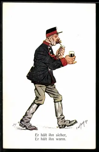 Künstler-AK Carl Josef Pollak: Er hält ihn sicher, Er hält ihn warm.