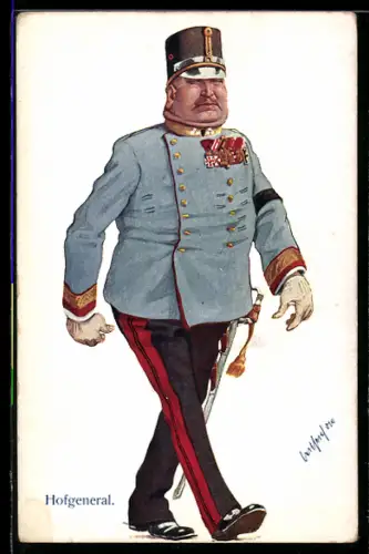 Künstler-AK Carl Josef Pollak: Hofgeneral in Uniform mit Orden an der Brust marschiert voran