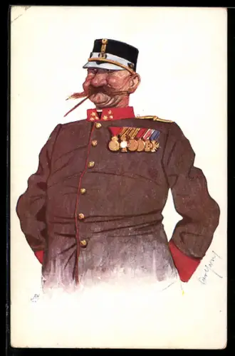 Künstler-AK Carl Josef Pollak: Mann in Uniform mit Orden und Knollennase