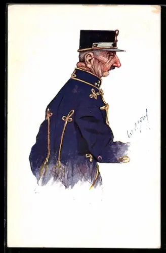Künstler-AK Carl Josef Pollak: Soldat in blauer Uniform seitlich dargestellt