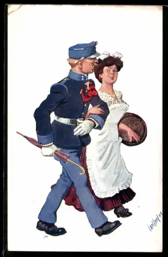 Künstler-AK Carl Josef Pollak: Soldat in Uniform geht mit seiner Geliebten spazieren