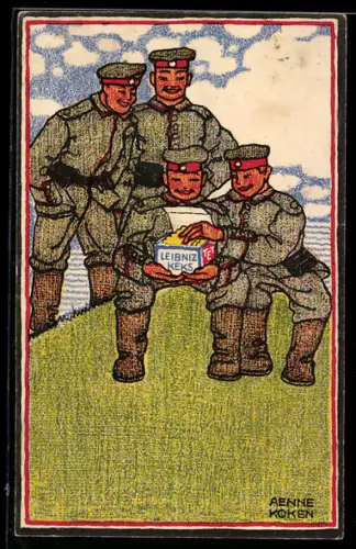 Künstler-AK sign. Aenne Koken: Soldaten essen Leibnitz Kekse