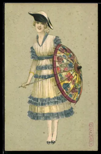 Künstler-AK E. Colombo: Elegante Dame mit Schirm und Hut