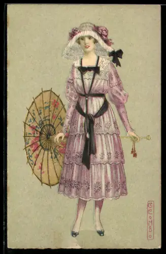 Künstler-AK E. Colombo: Elegante junge Dame in rosanem Kleid