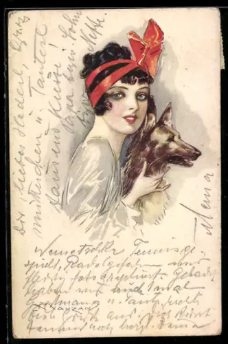 Künstler-AK Mauzan: Elegante junge Dame mit Hund