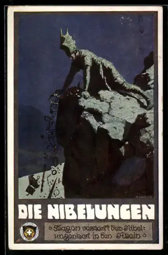 Künstler-AK Ernst Kutzer: Die Nibelungen, Hagen versenkt den Nibelungenhort
