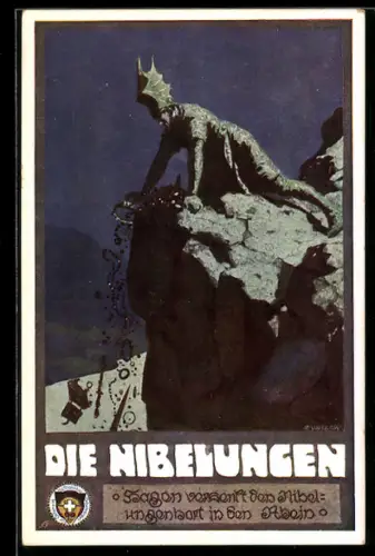Künstler-AK Ernst Kutzer: Die Nibelungen, Hagen versenkt den Nibelungenhort